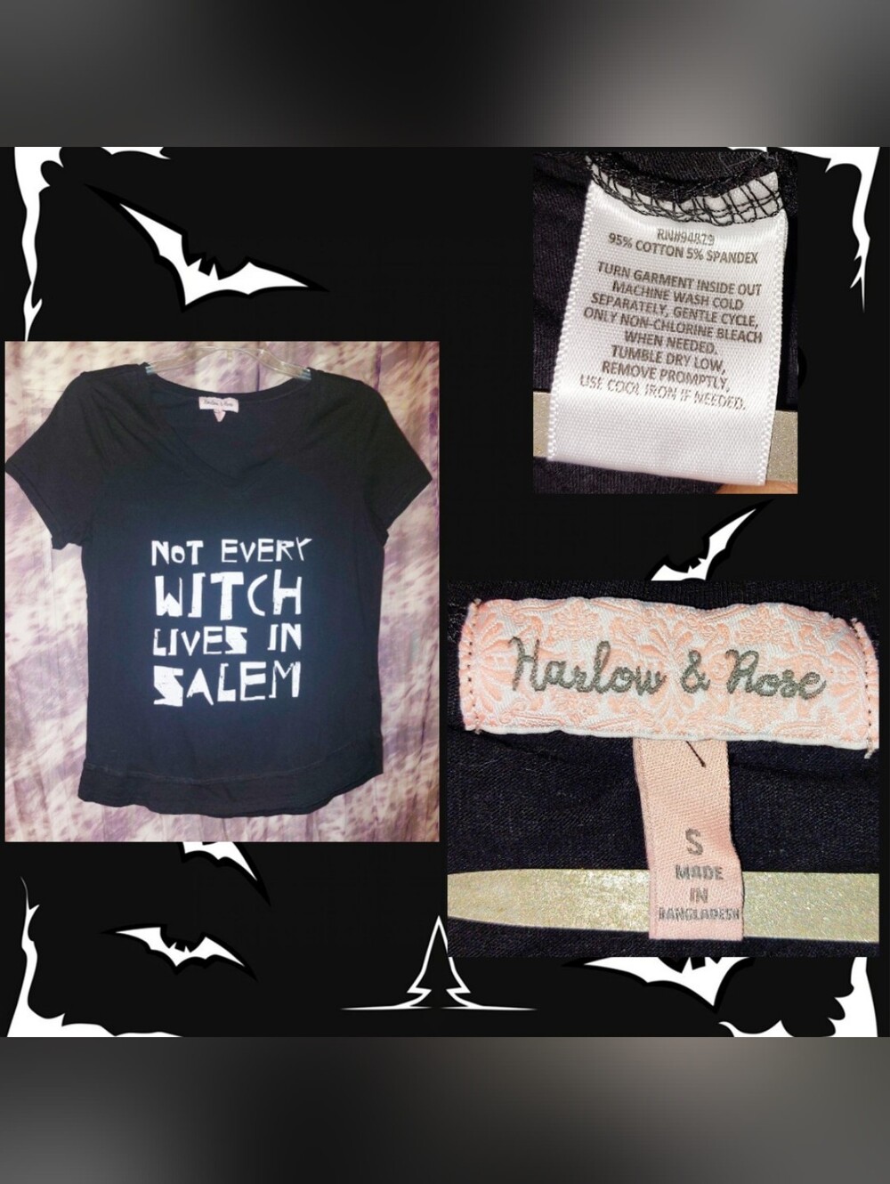 Harlow & Rose Blk & Wht 'Not Every With Lives in Salem' S/S Soft Knit Tee Sz Sml